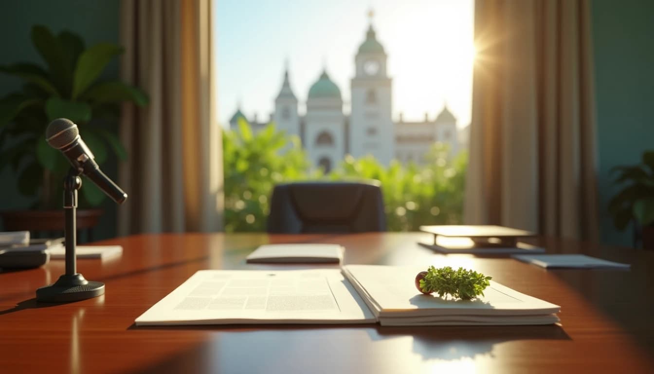 Symbolic government desk with microphone, policy documents, and greenhouse model, with Parliament building visible through window.