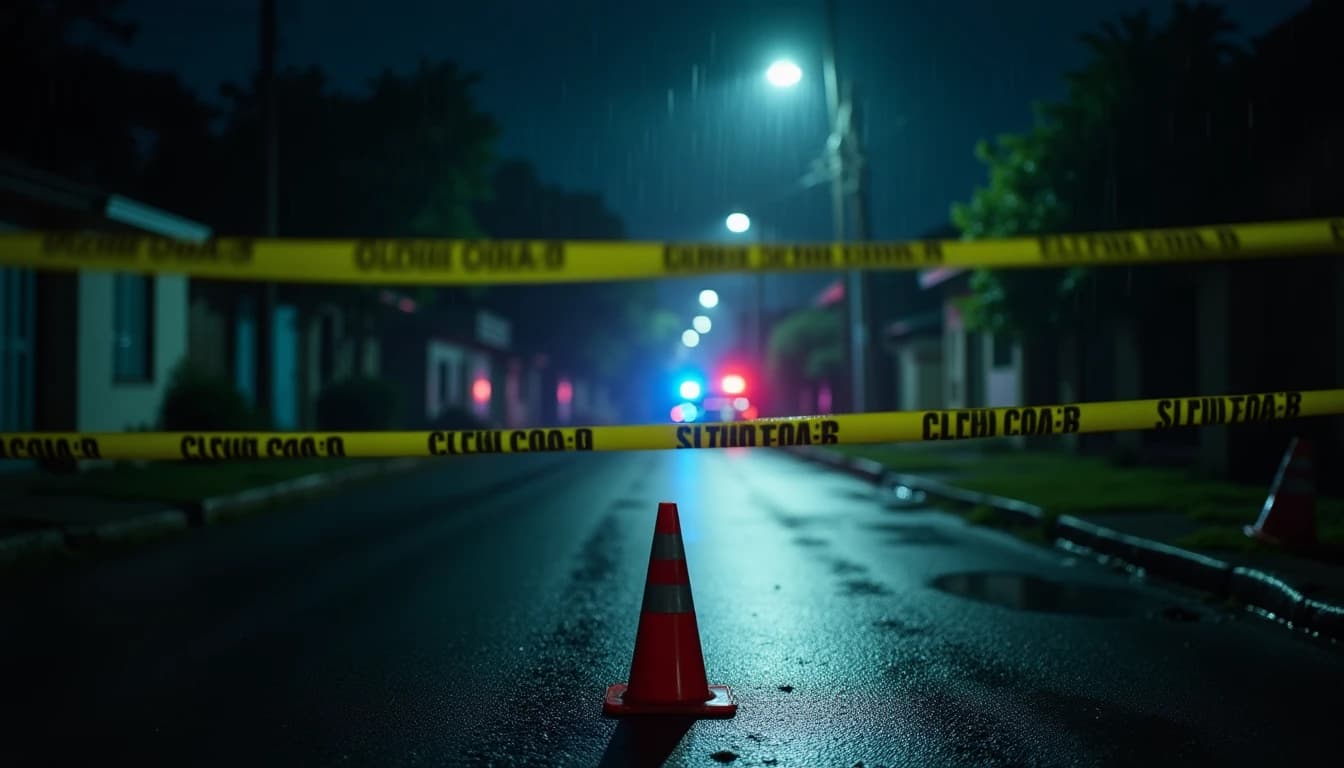 Police tape and evidence marker on a wet, empty Kingston street at night, with distant emergency lights.
