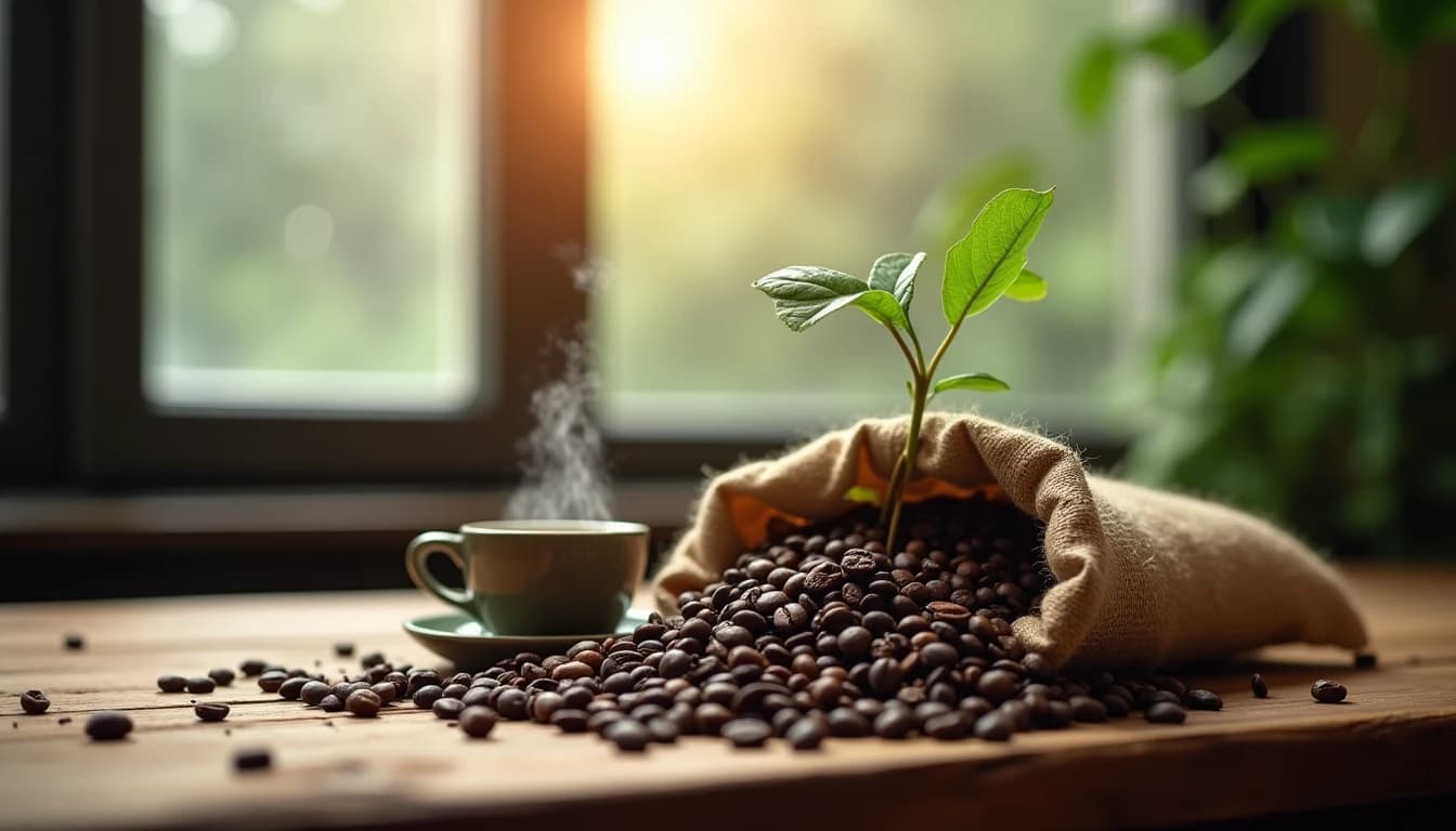 Coffee beans with a green sprout, steaming cup, rain-streaked window showing sun after storm, symbolizing business recovery.